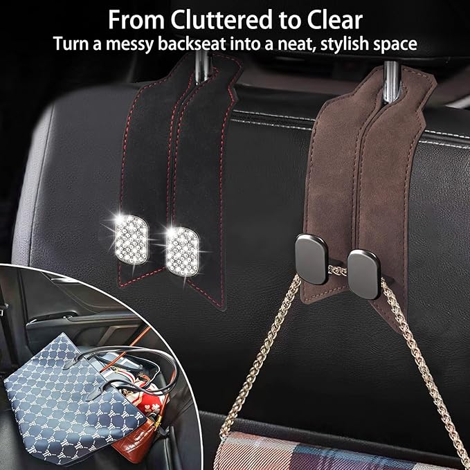 2Pcs Car Headrest Hooks with Sparkling Rhinestones & Premium Leather, Upgraded Double Metal Purse Holders, Anti-Drop Design, Back Seat Organizer for Bags, Coats, Groceries (Crystal Black)