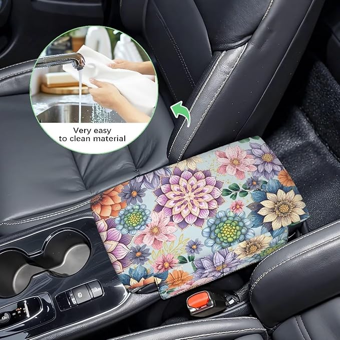 Dreaweet Car Center Console Cover Boho Floral Print Arm Rest Cover for Women Soft Thick Center Console Armrest Pad with Pockets Soft Comfortable Car Armrest Storage Box Mat