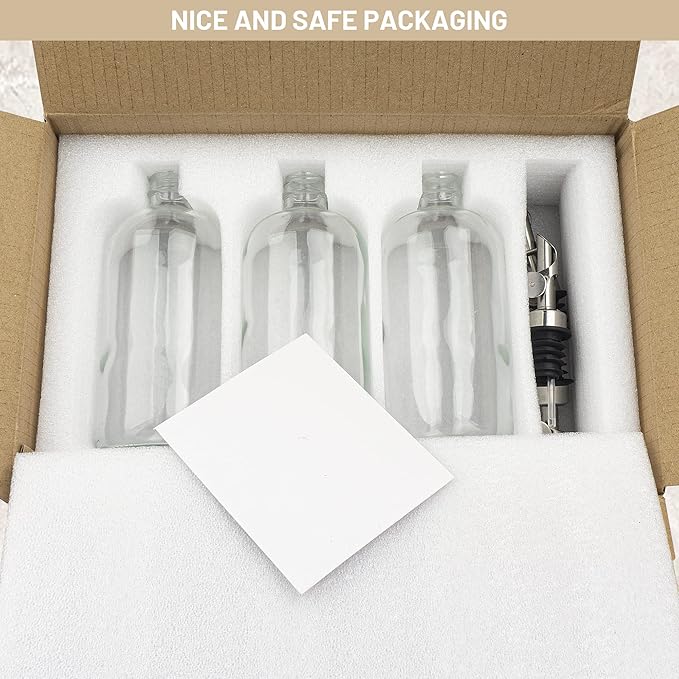 3PCS Oil Dispensers with Labels 16.23oz Kitchen Cooking Glass Bottles Containers with 304 Stainless Steel Automatic Pump Heads Anti-Corrosion & Rustproof