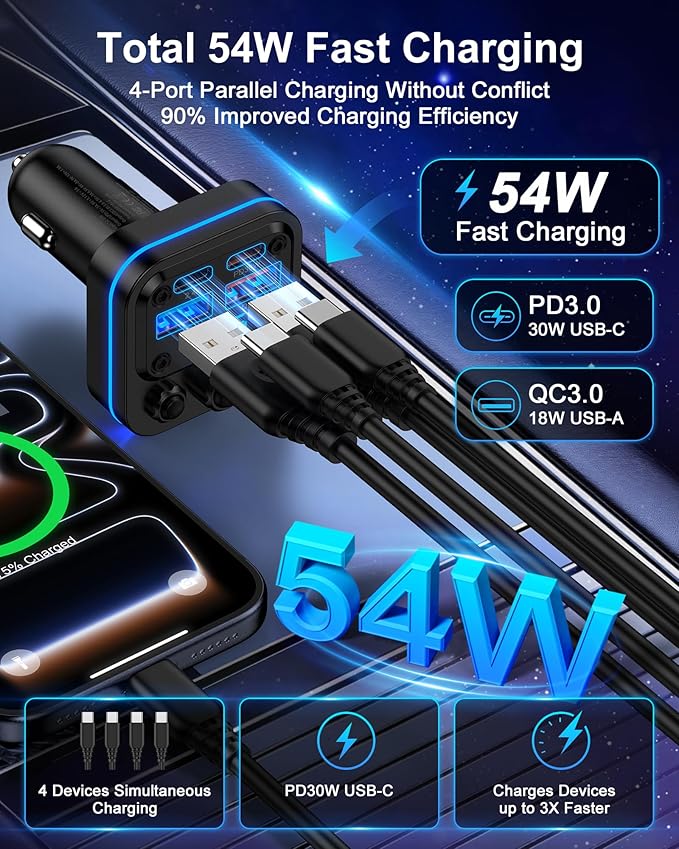 Bluetooth Fm Transmitter for Car, 54w Fast Charging, Blue Tooth 5.4 Car Charger USB-C USB-A Multi Ports, Wireless Radio Aux Cigarette Lighter Adapter Auxiliary for Samsung Galaxy Android iPhone Apple