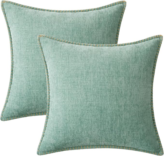 MIULEE Pack of 2 Summer Throw Pillow Covers 20x20 Inch Aqua Green Farmhouse Decorative Pillow Covers with Stitched Edge Soft Chenille Solid Dyed Pillow Covers for Couch Sofa Bed Living Room