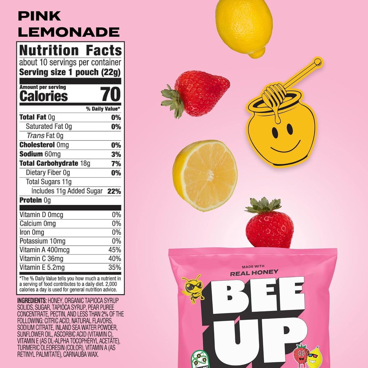 BEEUP Honey Fruit Snacks – With a Teaspoon of Honey in Every Pouch – Dye Free, No Corn Syrup – Individually Wrapped Fruit Snack Packs for School, Sports, Soccer – Pink Lemonade (Pack of 10)