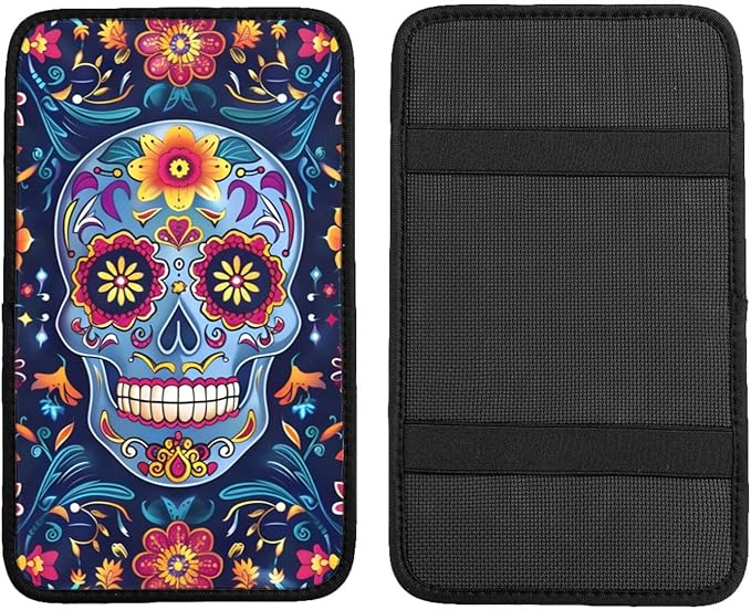 Funny Sugar Skulls Flower Car Center Console Cover Universal Car Armrest Cover Waterproof Auto Armrest Seat Box Mat Protector Decor Car Center Console Cushion Pad for Most Vehicle SUV Truck Car