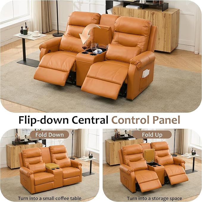 DRMBOOK RV Loveseat Recliner Sofa with Console, Faux Leather Double Wall Hugger Reclining Couch Manual Movie Seating 2 Person Recliner Chair with Cup Holders/Storage/Pocket/Lumbar Pillow, Orange