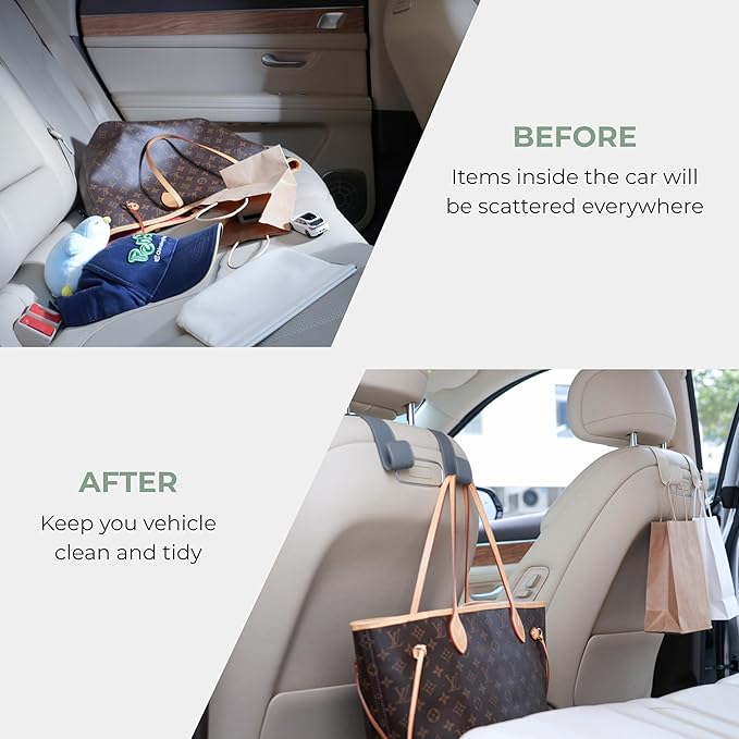Purse Holder for Car, 2 Pack Upgraded Car Seat Hooks for Hanging Purse and Bag, Leather Headrest Hooks for Car Back Seat, Car Organization Accessories (Brown)