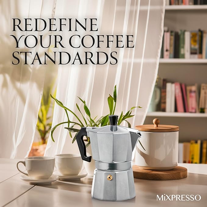 Mixpresso Moka Pot 3 Cup (5 oz Total) – Stovetop Espresso Maker for Gas & Electric Stove, Aluminum Cuban & Italian Coffee Maker, Small Size Espresso Brewer