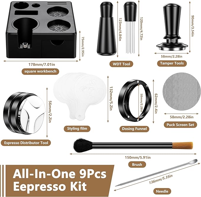9 Pack Espresso Accessories Kit（Square）,58mm Espresso Tool Kit | Espresso Tamping Station | Coffee Distributor Tamper | WDT Tool | Dosing Funnel | Mother's Day Gift for Espresso Lovers