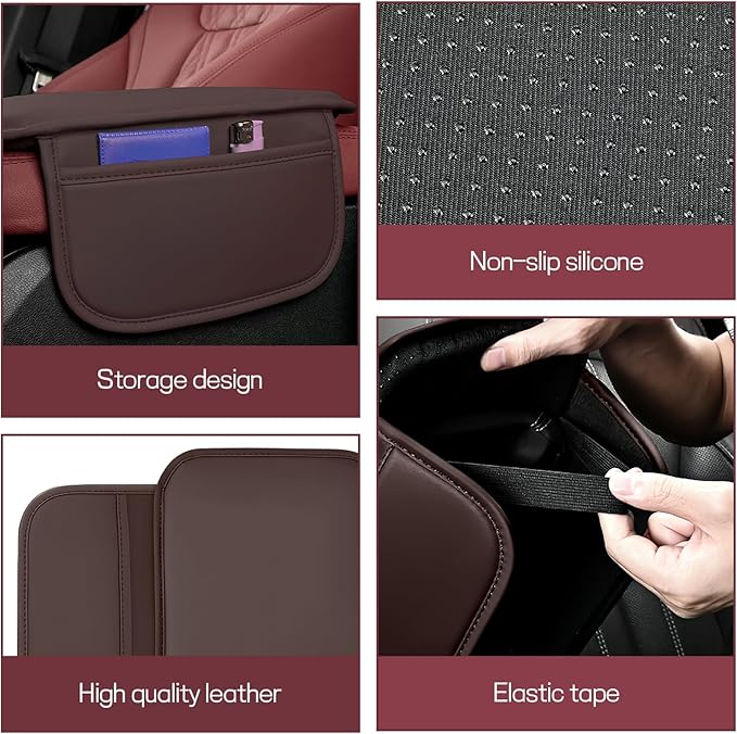 wuyaoyao Car Center Console Cover, Leather Memory Foam Armrest Cover Cushion with 2 Storage Bags, Universal Car Armrest Seat Box Pad Car Interior Accessories Protector for Most Vehicle (Brown)