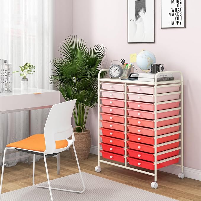 Giantex 20 Drawers Rolling Cart, Mobile Storage Drawer Cart, Classroom Organizer Cart for Office School Supplies Teacher Tools Paper Craft Small Printer, Utility Cart on Wheels, Gradient Pink
