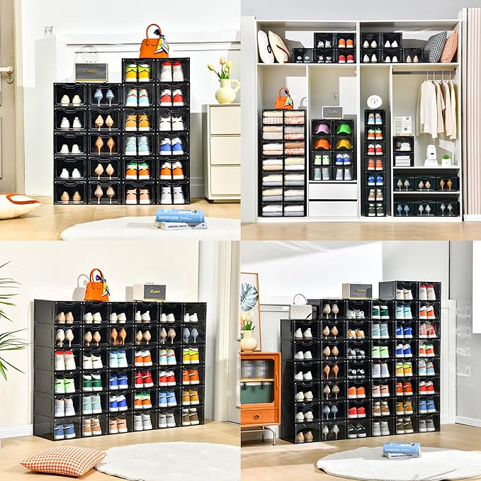 Stebopum 12 Pack Shoe Boxes Organizer, Magnetic Door Shoe Storage Boxes, Clear Sneaker Storage Box for Women/Men, Fit up to US Size 12