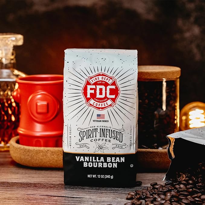 Fire Department Coffee - Vanilla Bourbon Coffee Beans - Gives Back to Firefighters - Vanilla Bean Bourbon Infused Whole Bean - Non-Alcoholic - Roasted in the USA - Veteran Owned (12 oz, Pack of 2)