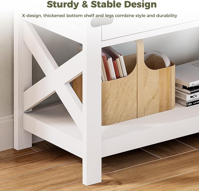 IRONCK Farmhouse Console Table with Storage Cabinet, Entryway Table with Shelf, Coffee Bar with Power Outlets for Hallway Kitchen Living Room, White