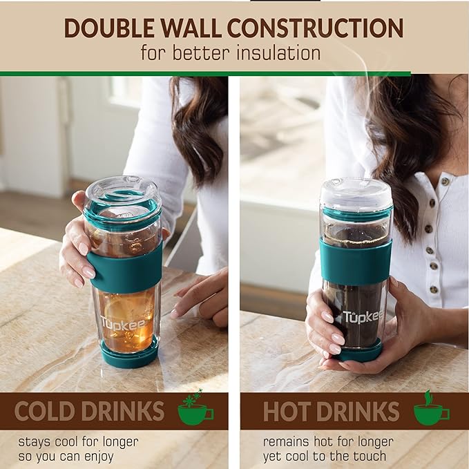 Tupkee Double Wall All Glass Tumbler - 14-Ounce, Reusable Insulated Tea/Coffee Mug & Lid, Hand Blown Glass Travel Mug - Cyan- 2 Pack