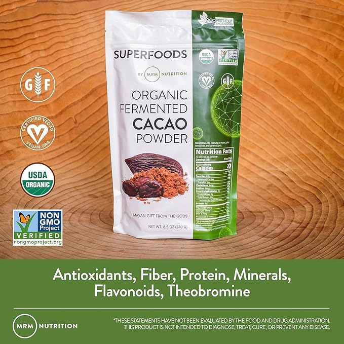 MRM Nutrition Organic Fermented Cacao Powder - Premium Superfood Powder from Peruvian Cacao Beans, Antioxidant Rich, Flavonoids, Unsweetened, Vegan, Gluten Free, non-GMO - 43 Servings