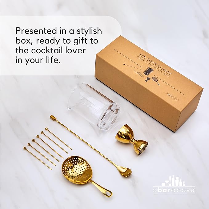 A Bar Above 10 Piece Cocktail Mixing Glass Set, Lead Free Cocktail Set with Mixing Glass, Bar Spoon, Julep Strainer, Bell Jigger and Picks, Bar Accessories, Ideal for Martinis, Whiskey and Negronis