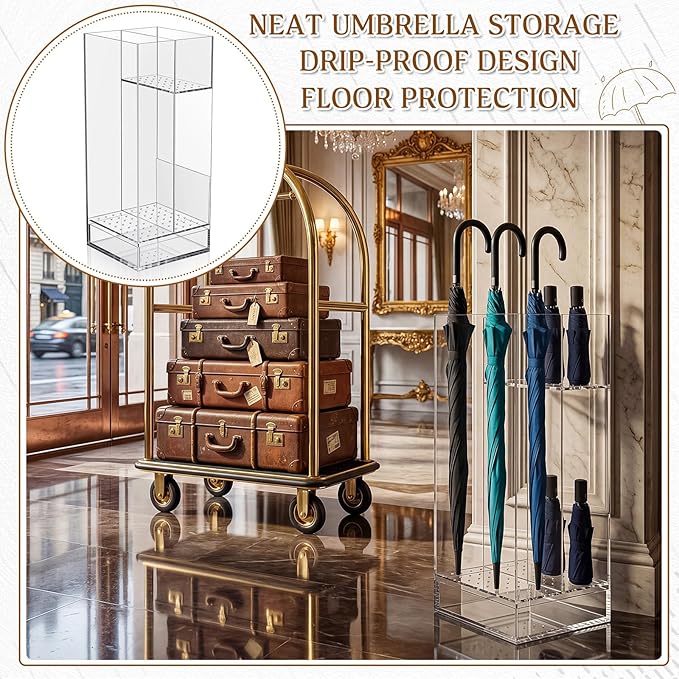 Leinuosen 9 x 9 x 22 Inch Clear Acrylic Umbrella Stand Organizer, Thick Freestanding Entryway Umbrella Holder with Long and Short Compartments, Modern Storage Rack for Home, Office and Lobby