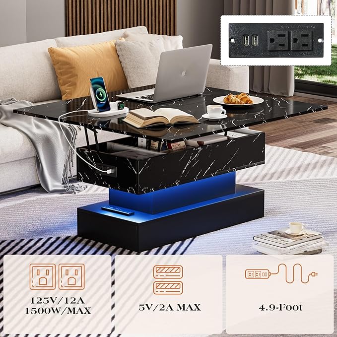 39.4" Lift Top Coffee Table with Charging Station, 4-in-1 Multifunctional Coffee Table with Storage & Hidden Compartments, High-Glossy Marbling Print LED Center Table for Living Room, Black