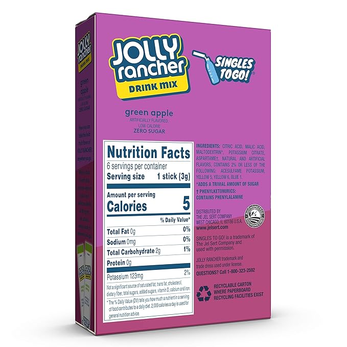 SINGLES TO GO! Jolly Rancher Green Apple, 6 Boxes with 6 Packets each, 36 total servings