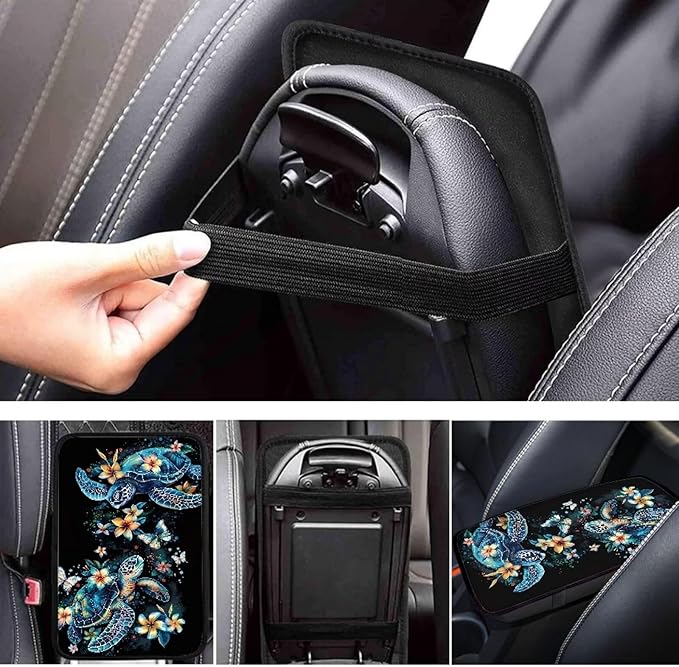 Car Center Console Cushion Pad Comfortable Auto Center Console Armrest Cover, Turtle Floral Car Interior Accessories Auto Armrest Box Cushion Pad for Most Cars