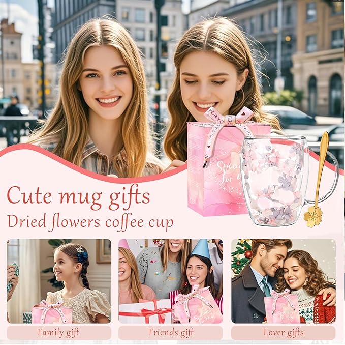 Gifts for Women Dried Flowers Double Wall Glass Coffee Mugs Cute Glass Tea Cups with Handles Christmas Birthday Gifts for Best Friend Teacher Mum Gift New Home Gift Ideas Autumn Mug Home Decor
