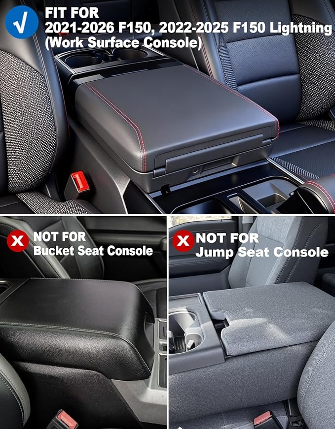 Center Console Cover Armrest Cover Compatible with 2021-2025 2026 Ford F150, 2022-2026 F150 Lightning, Leather Armrest Protector Pad, 0.8'' Thickened Center Console Cushion(Work Surface Only)