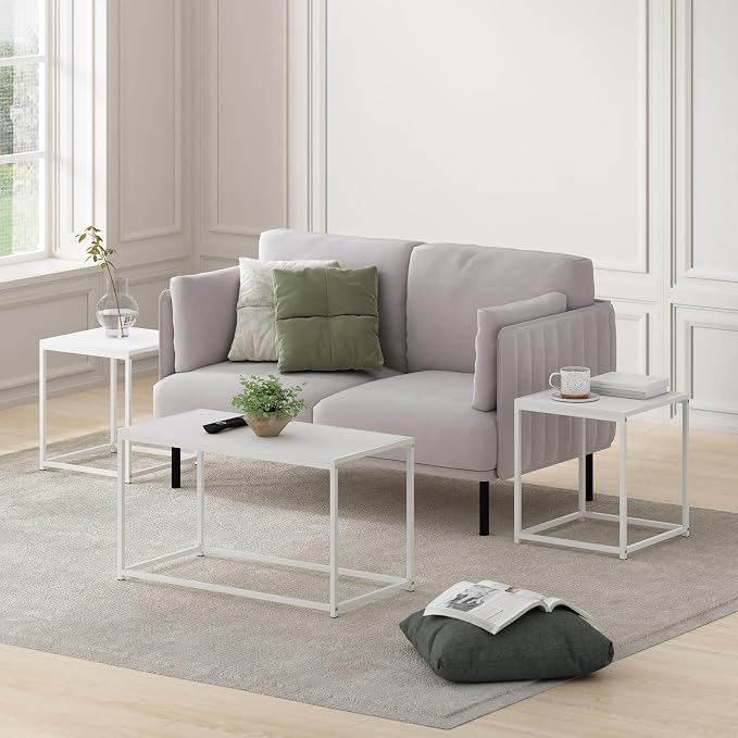 Furinno CAMNUS Coffee Table, Metal Frame Modern Center Table and Side Tables Set, Toolless Side Table Sets, for Living Room, Bedroom, Home Office, Solid White