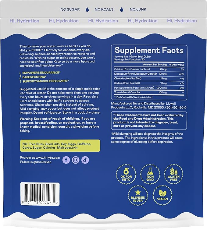 Hi-Lyte K1000 Hydration Packets Unflavored Keto & Performance, 30 Servings