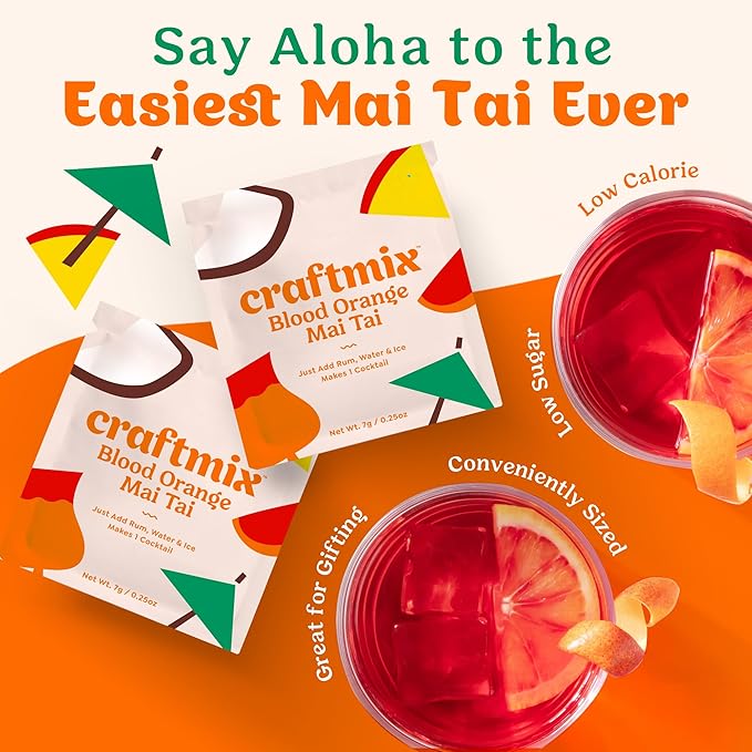 Craftmix Blood Orange Mai Tai Cocktail & Mocktail Drink Mixer, Skinny Mixes - Water Flavoring Packets - Made With Real Fruit - Vegan Low-Carb, Low-Sugar, Non-GMO, Dairy Free, Gluten Free, 12 Pack