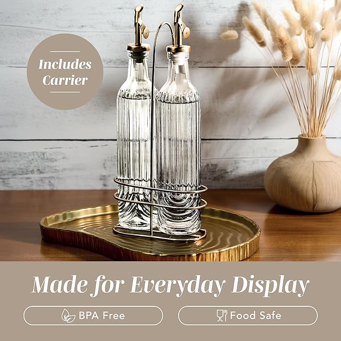 COOK WITH COLOR Glass Olive Oil Bottle Dispenser - 2 Pack- 17oz Oil and Vinegar Cruet - Olive Oil Carafe Decanter for Kitchen, Elegant Fluted, Brown