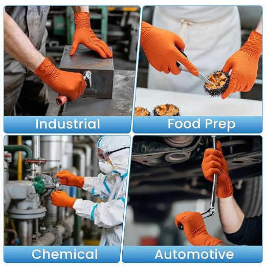 Borje Orange 8 Mil Nitrile Disposable Gloves, Heavy-Duty Mechanic Gloves, 100 Count, Large, Latex & Powder Free with Raised Diamond Texture, Industrial, Automotive, Gardening