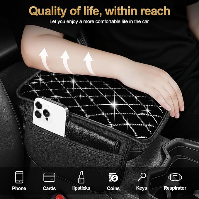 Center Console Cover Fit for RLX: Upgraded Bling Diamond Car Armrest Cover - Crystal Rhinestone Car Center Console Cover with 2 Storage Bags,Anti-Scratch Auto Armrest Pad Accessory （Black