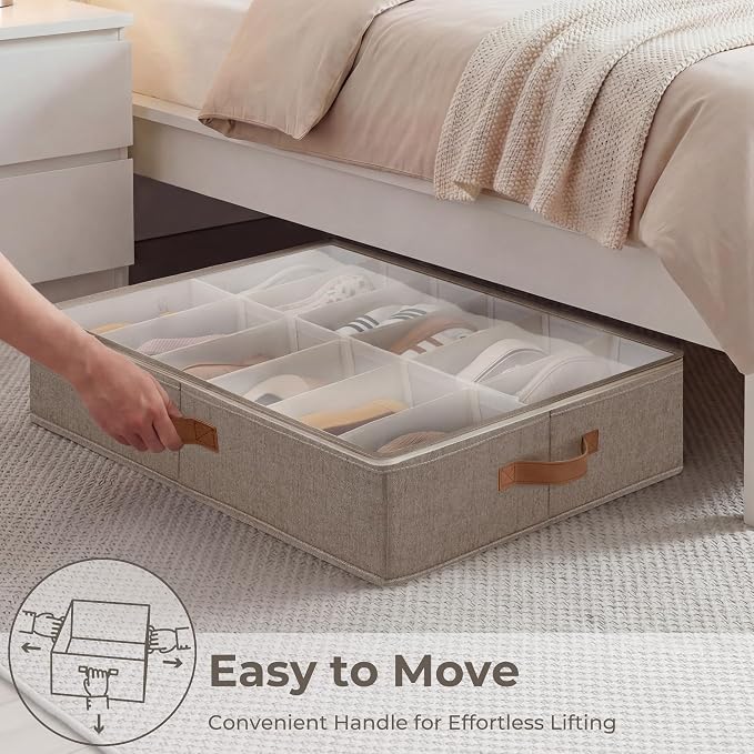 StorageWorks Shoe Organizer for Closet, Fits up to 24 Pairs, 2-Pack Ultra-thick Fabric Under Bed Shoe Storage Containers with Bottom Support and Adjustable Dividers, Taupe