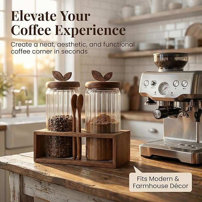 Coffee Bar Glass Canister Set – 2 × 34 floz Airtight Glass Jars with Acacia Wood Lids, 2 Acacia Wood Spoons & Acacia Organizer Tray