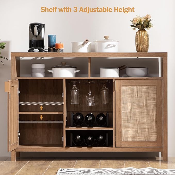 SICOTAS 51" Coffee Bar Cabinet Bar Cart with Storage, Wine Bar Cabinets Boho Home Bar Table, Rattan Sideboard Buffet with 2 Doors, Coffee Station with Wine Racks for Living Dining Room Entryway