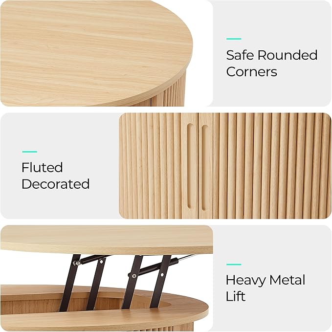 LINSY Lift Top Coffee Table, Round Fluted Coffee Table with Storage, Boho Wooden Coffee Tables with Sliding Tambour Door, 31.5" Center Table for Living Room, Office, Small Space, Natural Oak