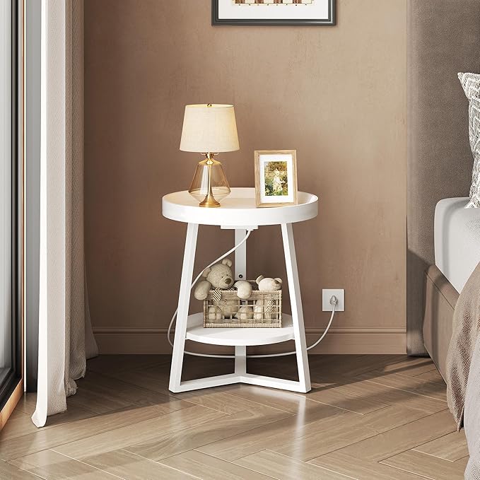WLIVE Round End Table with Charging Station, Small Round Coffee Table, 2 Tier Side Table for Living Room/Bedroom, Sofa Couch, Wood Tabletop & Metal Frame, White