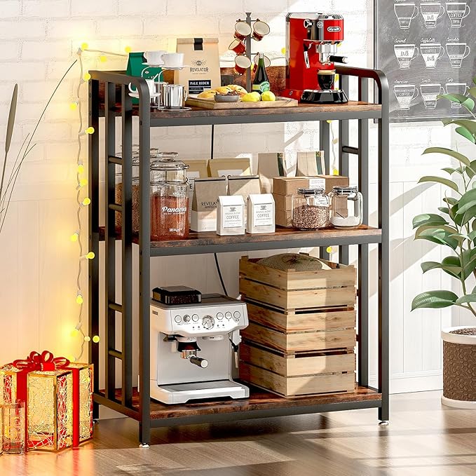 Bakers Rack with Power Outlet,Adjustable Microwave Stand with Storage,3-Tier Kitchen Shelves,Microwave cart Suitable for Kitchen,Dinning Room,Coffee Bar,Living Room,Rustic Brown