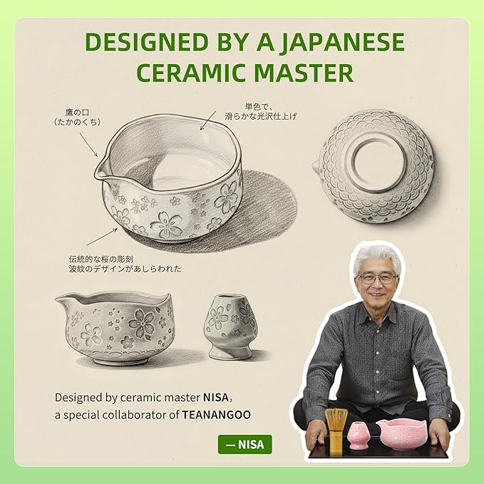 TEANAGOO 7-PCS Pink Matcha Whisk Set with Cherry Blossom Design, Complete Ceremony Kit, Ceramic Chawan Bowl with Spout, Whisk & Accessories, Traditional Matcha Tea Set for Lattes& Gift Giving
