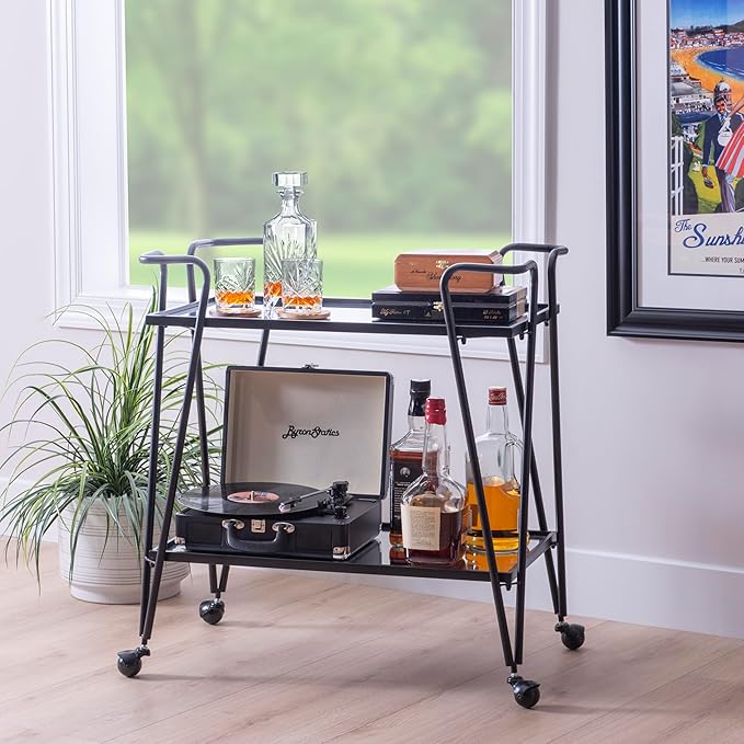 Gina Black Mid Century Bar Cart with Mirrored Shelves by Linon