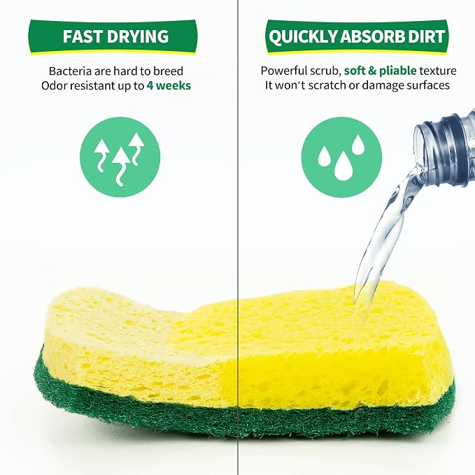 Heavy Duty Scrub Sponge 24 Pack, Eco Cellulose Kitchen Dish Sponge Multipurpose Ergonomic for Washing Dishes, Uncoated Cookware & Household Cleaning.