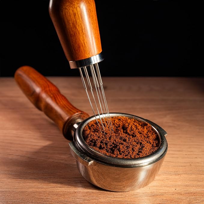 WDT Tool Espresso - Espresso Coffee Stirrer Professional - Stainless Steel 8 Needles 0.35mm - Natural Wood Handle Needle Type - Stand Walnut Stirring Distribution