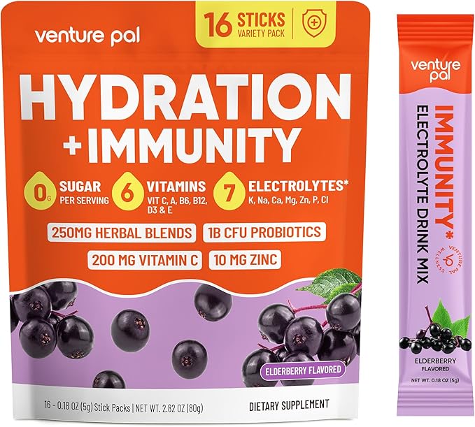 Venture Pal 2-in-1 Hydration + Immune Electrolytes Powder Packets with 7 Electrolytes & 6 Vitamins, Elderberry, Turmeric, Echinacea | Liquid Daily IV Drink Mix | Sugar Free | Keto Friendly, 16 Sticks