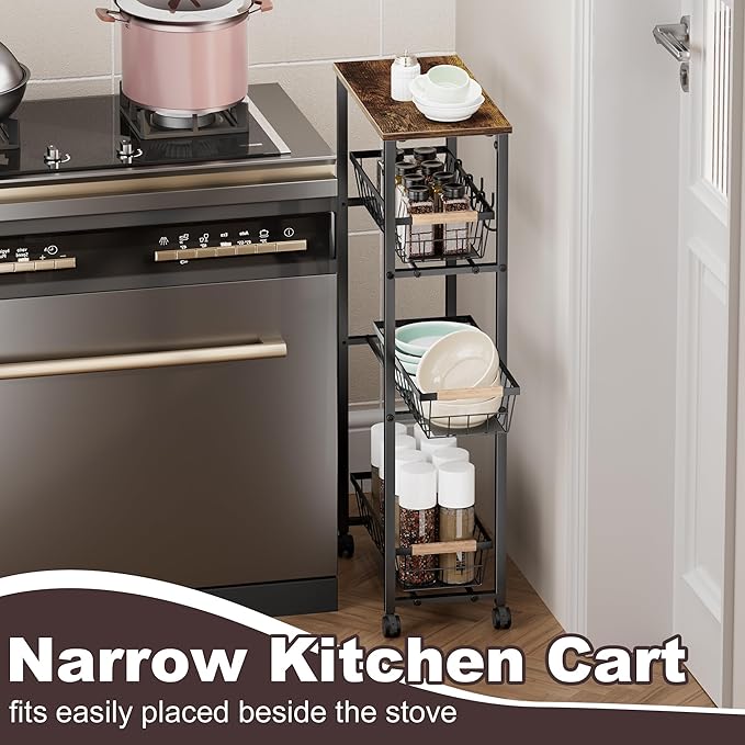 Narrow Rolling Cart with Wheels, 4-Tier Slim Metal Storage Cart with Pull-Out Baskets, 7.87 Inch Width Small Laundry Room Organizer Cart, Space-Saving for Kitchen, Bathroom