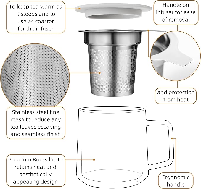 CNGLASS 12oz Double Walled Glass Tea Cup with Stainless Steel Infuser and Lid,Borosilicate Glass Tea Infuser Mug for Loose Tea,Teabag,Set of 1