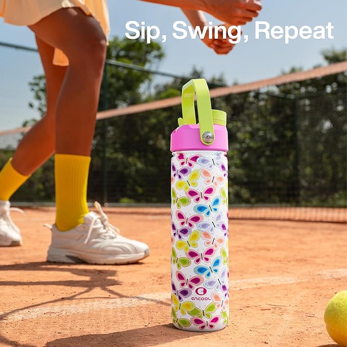ENCOOL Insulated Water Bottle with Straw Stainless Steel Water Bottle, Leak-Proof, BPA-Free, Double Wall Vacuum Keeps Cold for 24 Hours for Sports, Travel, School (26 oz, Rainbow Butterfly)