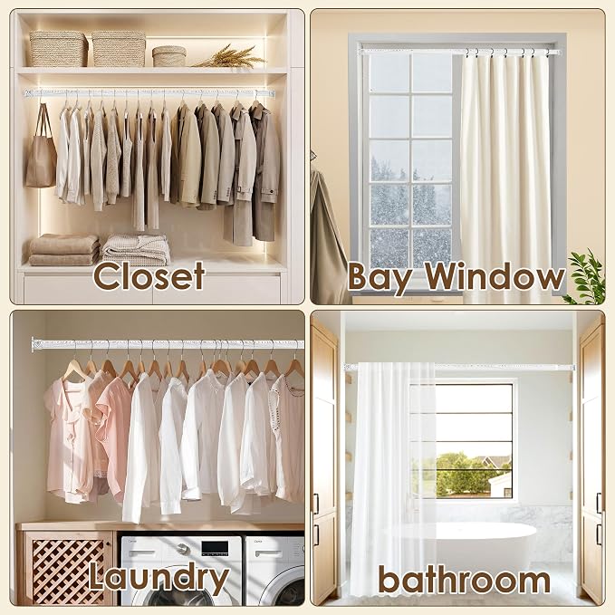 Closet Rod 17-63 Inches，1.3 Inch Diameter Heavy-Duty Adjustable Closet Rods for Hanging Clothes Closet Hanging Rod Metal Closet Poles for Wardrobes Laundry RV Bathroom（White Wood Grain Finish）