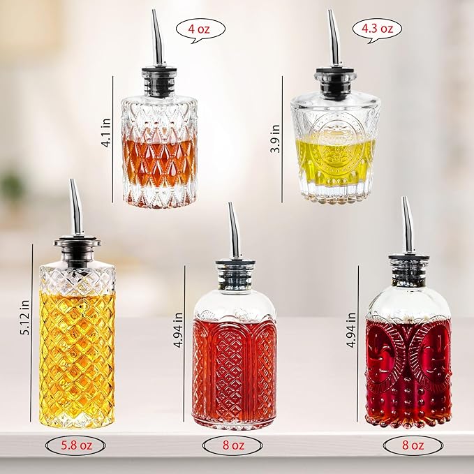 Syrup Dispenser Bottles Set - 5 Pack Simple Syrup Bottles with Metal Pour Spout and Dust Caps,For Syrups,Honey,Olive Oil,Condiments,Syrup Dispenser for Coffee Bar with Labels