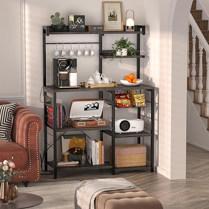 Aheaplus Bakers Rack with Power Outlet and LED light strings, Microwave Oven Stand Kitchen Storage Shelf with Wire Basket, Coffee Bar Station Island table with 10 hooks for Spices, Pots, Black Oak
