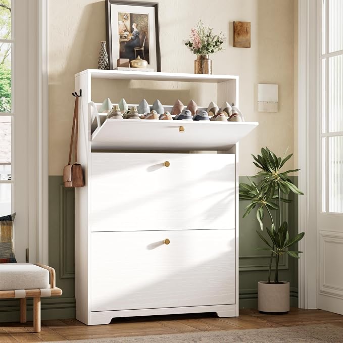 Nicetree Shoe Cabinet with 3 Flip Drawers, Narrow Shoe Organizer Cabinet, Freestanding Shoe Rack Cabinet, Modern Shoe Storage Cabinet for Entryway, Hallway, Foyer, White