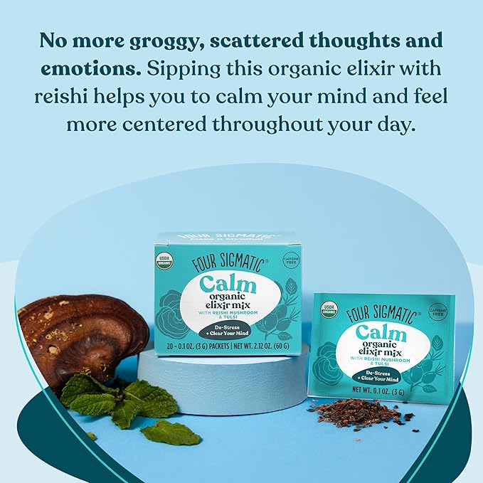 Four Sigmatic Reishi Mushroom Elixir | Coffee Alternative with Organic Reishi Mushroom Powder, Tulsi, Rose Hips & Mint | Support Stress & Sleep | Decaf, Vegan, Gluten-Free & Keto | 20 Packets